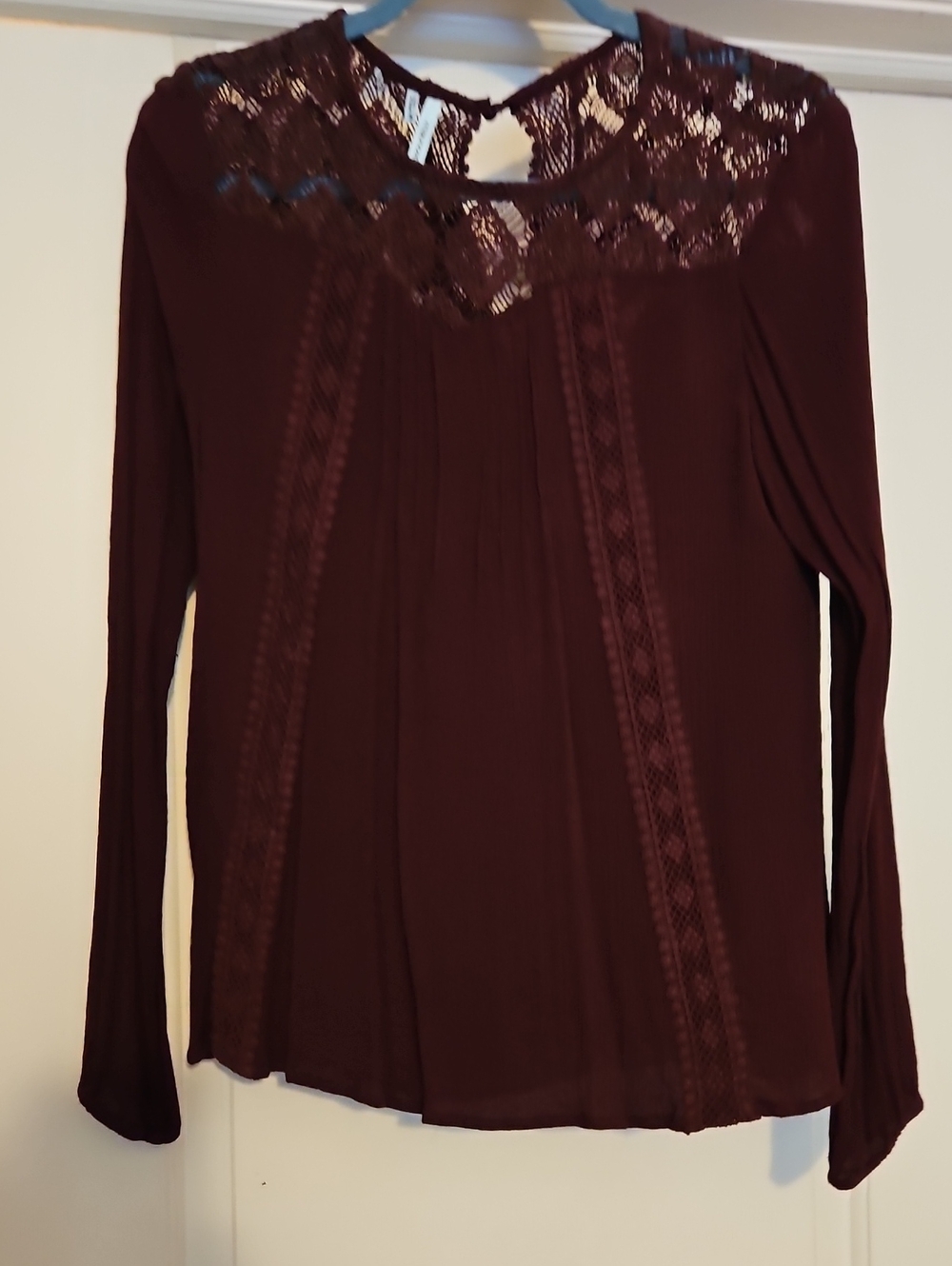 Maurices Burgundy Lace Yoke Long-Sleeve Top